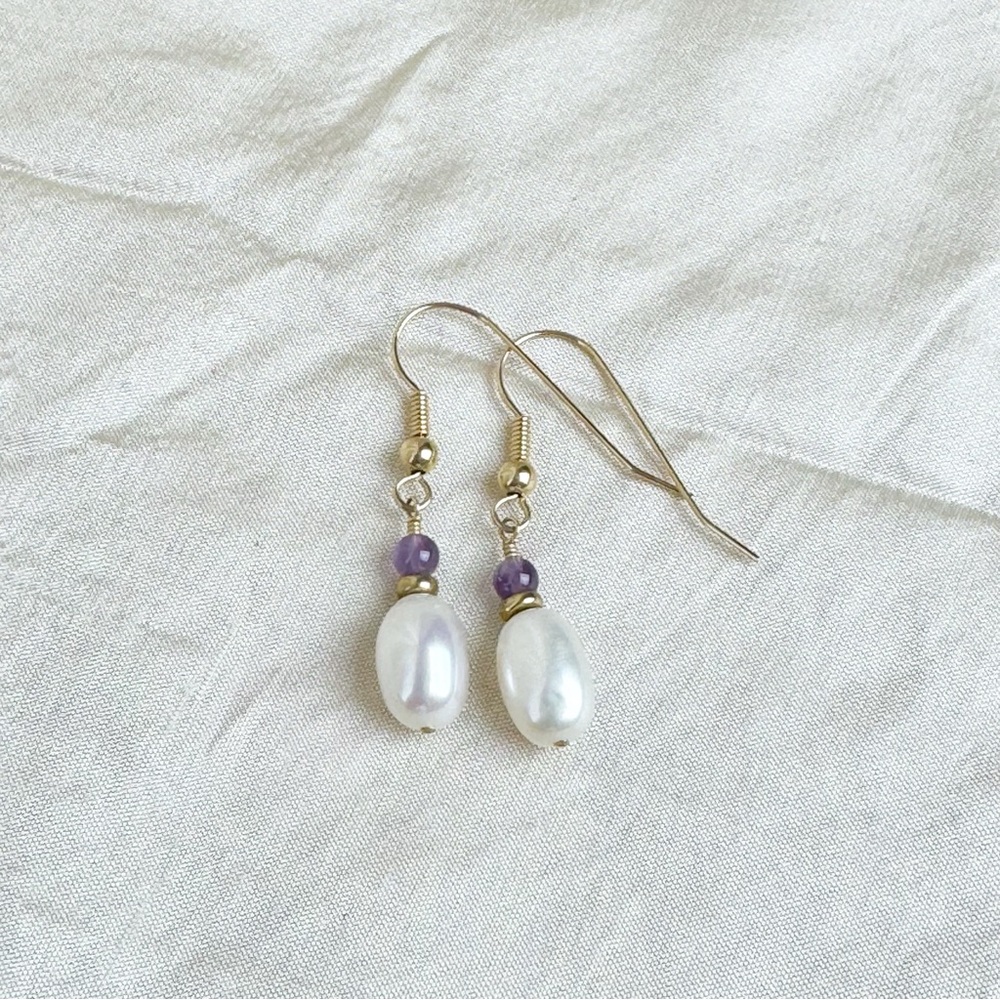 Pearl Amethyst Pierced Dangle Earrings Gold Filled Hooks